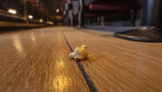 A lone popcorn kernel on the wooden aisle, like a tiny comet stranded in a dim cinema