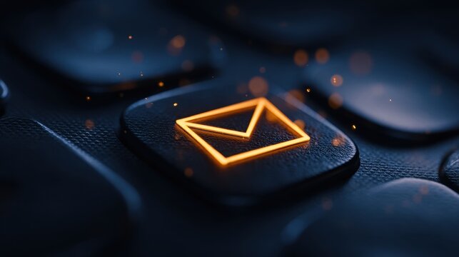 Futuristic email icon illuminates dark technology background with vibrant orange glow and bokeh