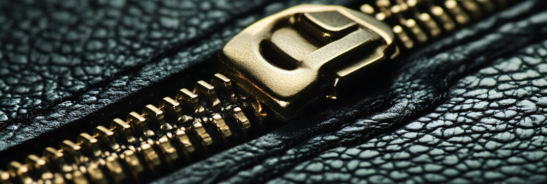 Close up of a partially open gold zipper on textured black leather showcasing craftsmanship and detail