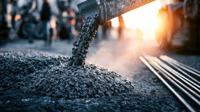 Wet concrete pours from a chute onto a construction site, glowing with sunset