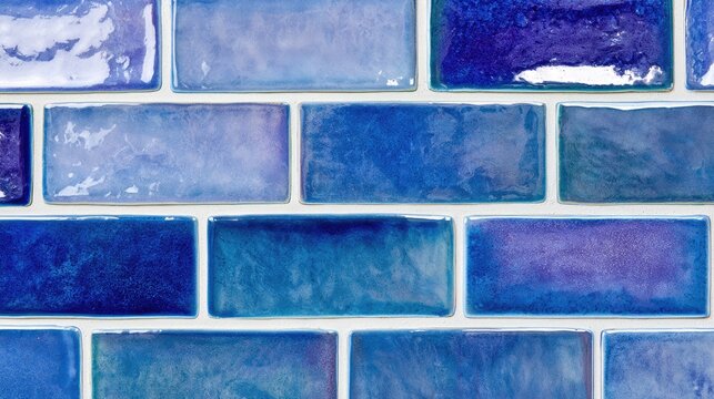 Blue glazed rectangular tiles form a textured wall with subtle color variations