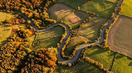 Obraz premium Aerial view of a winding road through autumn landscape