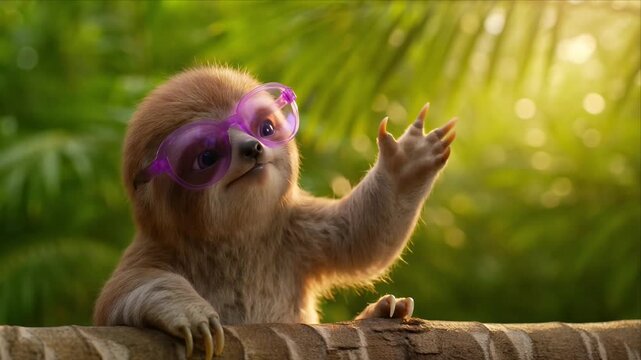 Adorable Cute sloth baby purple sunglasses enjoying jungle sunlight, playful tropical forest green background, funny adorable animal cartoon style waving paw and smiling, furry mammal reaches out
