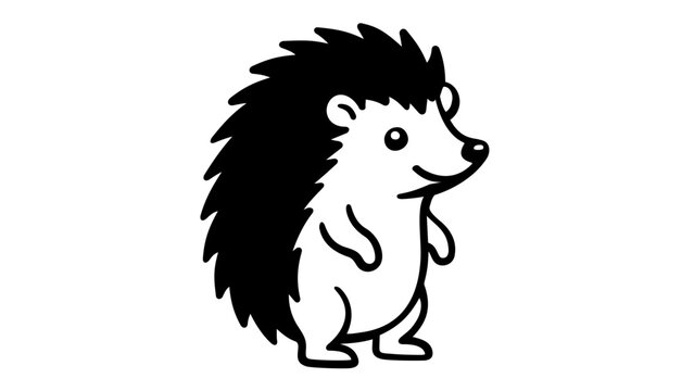 Minimalist hedgehog line icon vector illustration featuring a standing wild animal with detailed spiky back, clean flat design for nature and forest conservation projects, black outline.