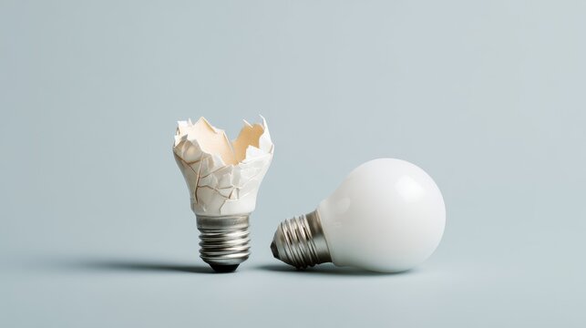Hatching new ideas a broken eggshell light bulb next to a perfect, white one, illustrating innovation and creative breakthroughs.