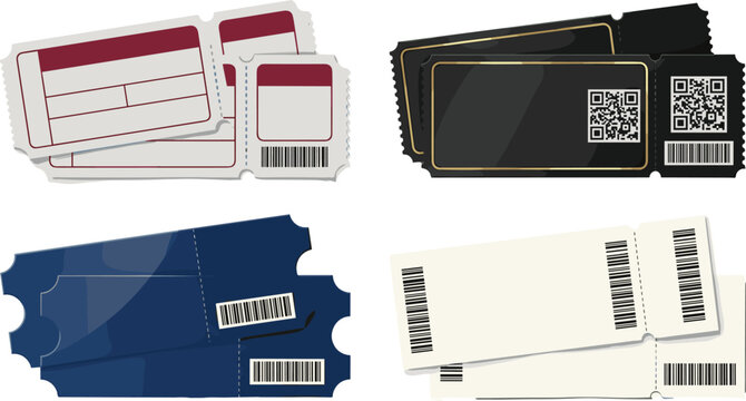 Blank Event Ticket Template Vector Set with Barcode, QR Code, and Perforated Edges for Concert, Cinema, Raffle, and Festival Entry Pass Designs