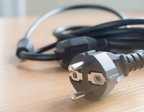A sleeping serpent of electricity rests on the desk, its plug like a silent mask
