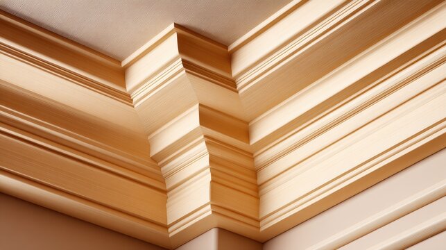 Elegant interior architectural detail textured layered wooden molding at a room corner