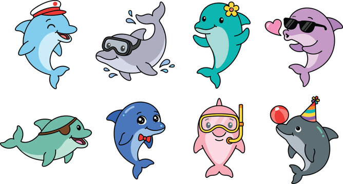 Cute Dolphin Character Vector Set with Sunglasses Pirate Eye Patch Snorkeling Mask and Party Hats for Kids Sea Life Marine Illustration Designs