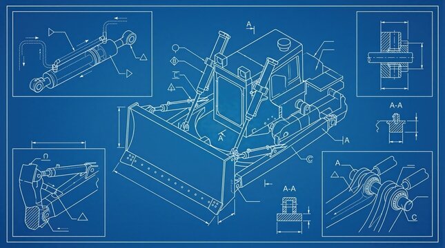 Engineering blueprint of bulldozer tractor with technical schematics. Detailed mechanical drawing of construction vehicle assembly. Industrial design layout for heavy machine maintenance.