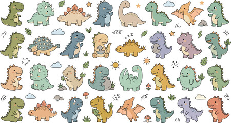 Cute Cartoon Baby Dinosaur Character Clipart Collection Featuring Tyrannosaurus Rex Triceratops Stegosaurus and Pterodactyl Icons for Kids Nursery Educational Game Designs © Lota