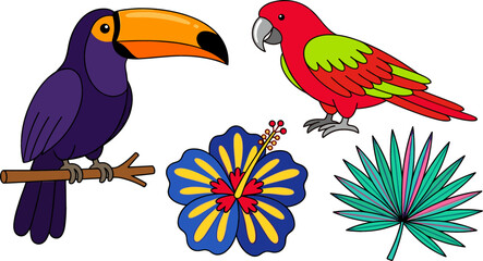 Obraz premium Tropical Exotic Birds and Flora Set Featuring Cartoon Toucan Red Parrot Macaw Hibiscus Flower and Palm Leaf Vector Illustration for Jungle Designs
