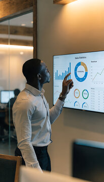 Businessman Analyzing Sales Data on Digital Screen in Office 