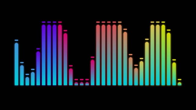 Colorful sound equalizer bars pulsing with vibrant rainbow gradient lights against a dark background