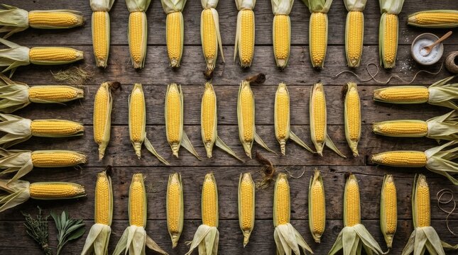 Freshly harvested corn cobs arranged on rustic wooden surface in natural light perfect for Corn Month 