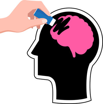 Hand erasing a brain from human head silhouette with eraser vector illustration, concept of unlearning, memory loss, mind control, psychology, and cognitive remodeling