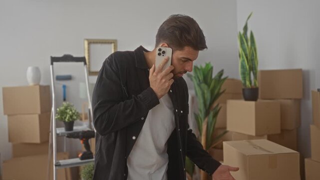Man holding smartphone to ear, gesturing with hand amid stacked moving boxes, bubblewrap and potted plant in building; stress planning logistics.
