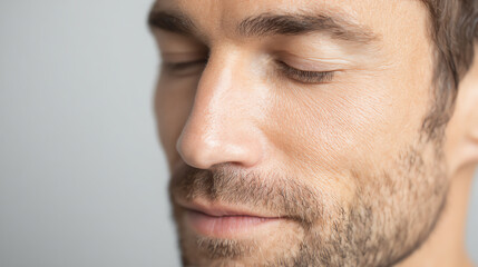 Fototapeta premium A serene portrait of a man reflecting quiet contemplation and inner peace, showcasing a moment of mindfulness.
