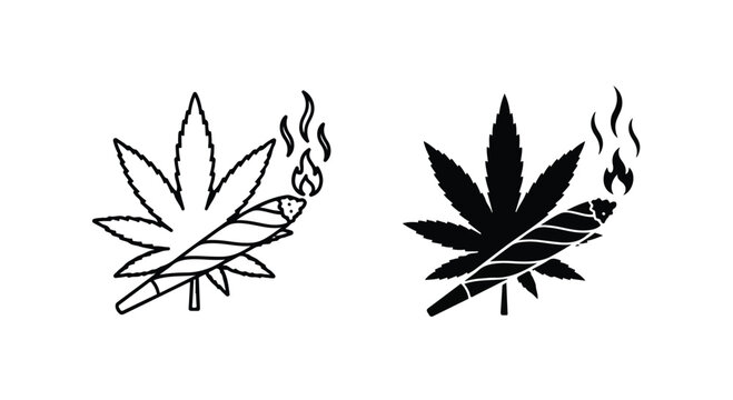 Black and white cannabis leaf icons smoking on plain background