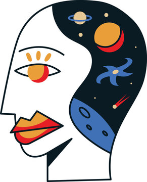 Abstract human mind concept illustration featuring planets, stars, celestial bodies and deep space inside a stylized profile. Cosmic thinking, imagination, universe exploration, astronomy.