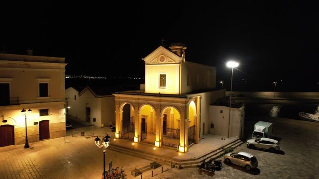 Gallipoli at night &ndash; Italy, Apulia &ndash; rotating aerial shot around the church Santuario di Santa Maria del Canneto