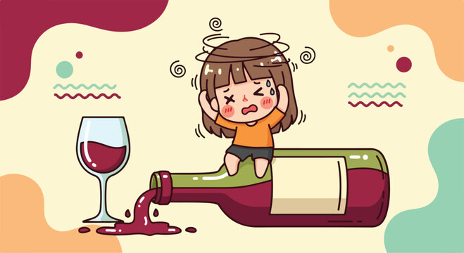 Cartoon woman sitting on a wine bottle with a glass beside her looking drunk