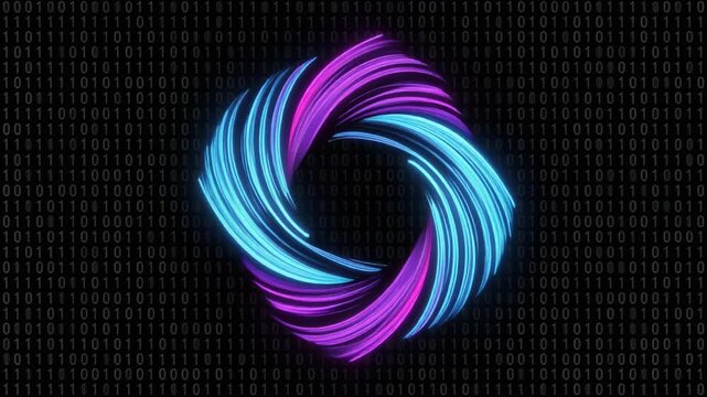 Glowing blue and purple digital vortex animation swirling against a background of binary code data footage