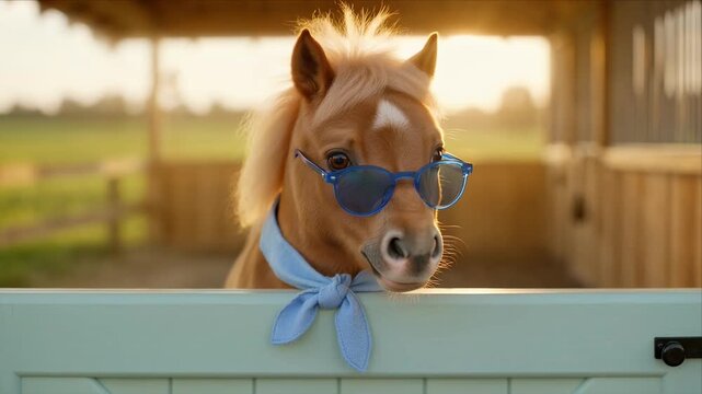 Adorable Cute foal pony horse sunglasses blue eyewear glasses scarf bandana stable sunset summer light outdoor country farm playful mood animal charm adorable portrait wooden fence barn countryside