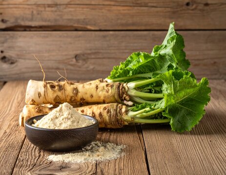 Fresh horseradish roots with grated powder in bowl on rustic wooden table, natural light kitchen scene