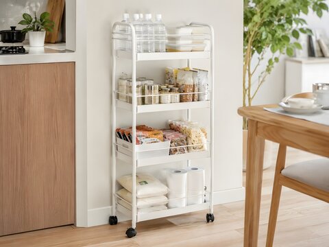 Rolling Stock Storage on a Kitchen Wagon for Flexible Small Space Use
