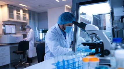 Naklejka premium A person wearing protective gear is focused within a brightly lit professional laboratory setting