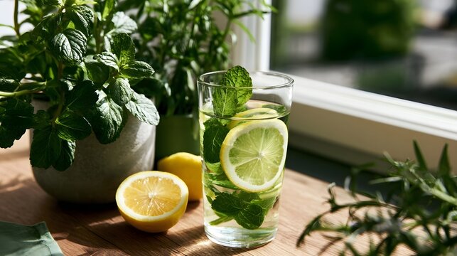 A refreshing glass of citrus sits next to vibrant green herbs symbolizing natural hyd n and wellness