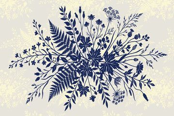 Blue floral arrangement vector illustration with wildflowers and fern leaves on a light gray background © Jamalvect