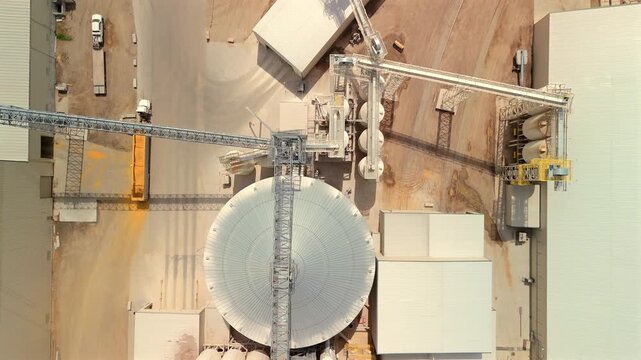 Top down drone view of grain silos and agricultural processing facility
