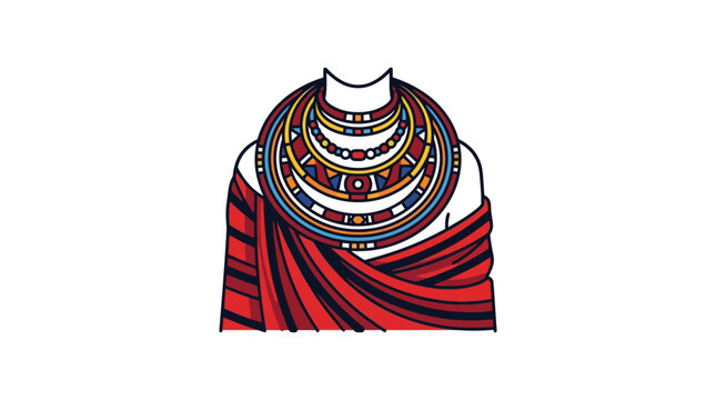 Traditional Maasai beaded necklace and red shuka cloth garment illustration.