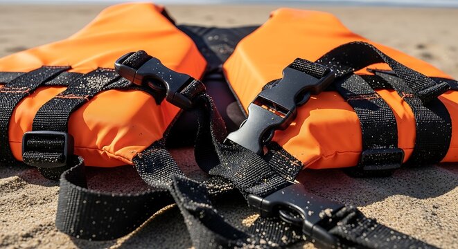 Close-up of an Orange Life Vest on Sandy Beach for Safety.