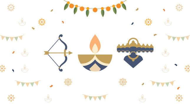Diwali festival decorations with bow and arrow, diya lamp, and traditional Indian ornaments