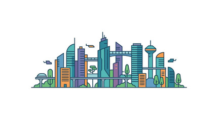 Fototapeta premium Futuristic city skyline illustration with modern skyscrapers and flying vehicles.