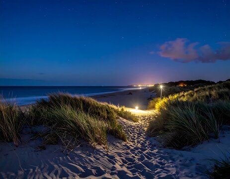 A sandy pathway leads through dunes to an illuminated beach at twilight. The night sky is dark blue, with faint stars visible