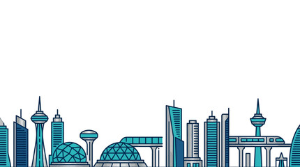 A stylized vector illustration of a modern city skyline with skyscrapers and monorail. © Mahlul Qiyam