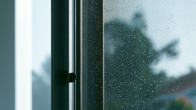 premium insect screen detail with rain droplets on modern window mesh