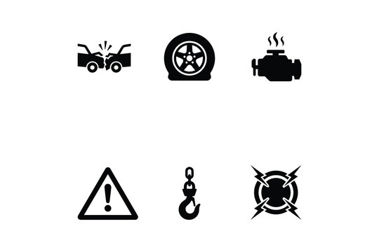 Automotive Breakdown and Road Emergency Black and White Silhouette Design Set with Car Crash Wheel Engine and Electrical Fault