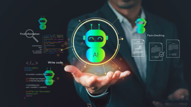 Businessman holding virtual interface showing Multi AI agents concept. Specialist agents working together for coding, fact-checking, information retrieval, and complex problem-solving.
