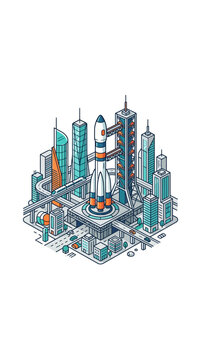Isometric illustration of a futuristic city spaceport with a central rocket launch pad.