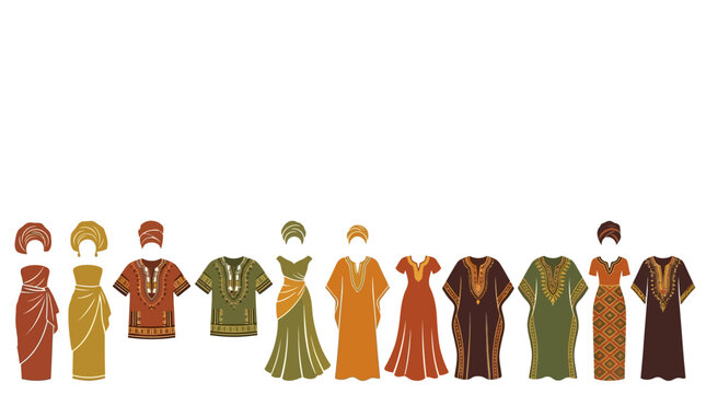 A collection of traditional African clothing and headwear for men and women.