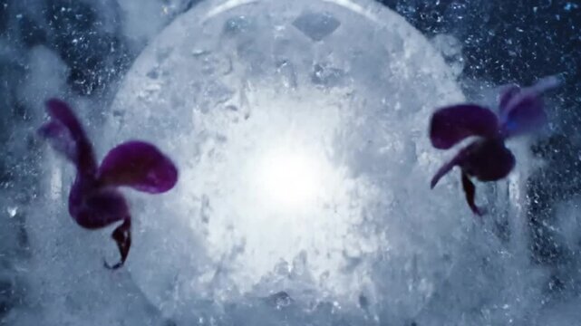 Creative close-up of a purple orchid flower freezing inside a glass ball, ice crystal formation, floral concept