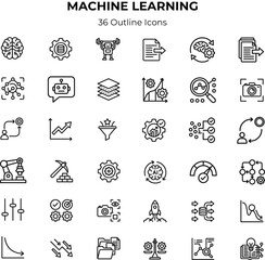 Fototapeta premium Machine learning icons set 36 outline symbols for ai data science and automation