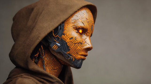 android woman robot in hoodie side profile cyberpunk portrait, female android with glowing orange eyes cyberpunk sideview, futuristic robot woman honeycomb skin in brown hoodie