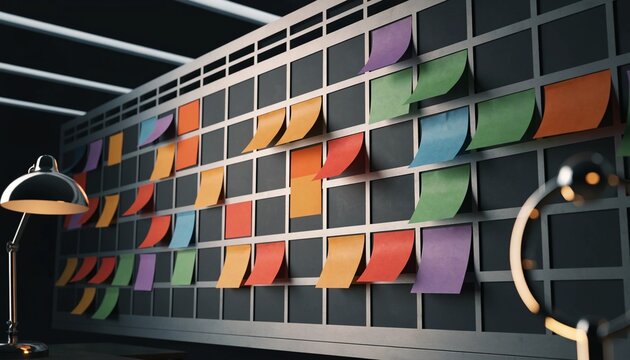 Detailed wall planner calendar with vibrant blank sticky notes for project scheduling and task management, photorealistic mockup of a professional organizational board for team coordination.