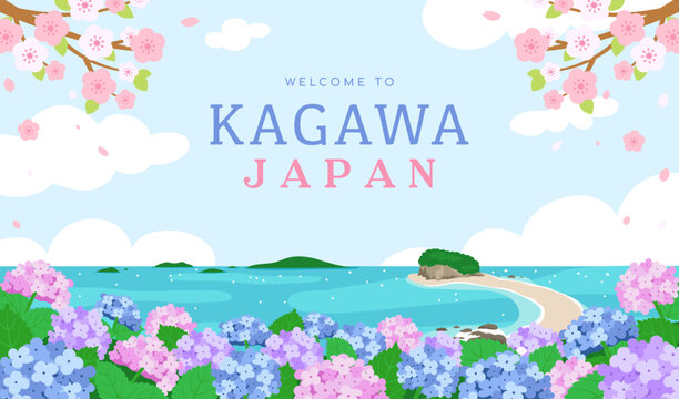 Welcome to Kagawa Japan Poster vector illustration. View of Hydrangea fields and the sea.